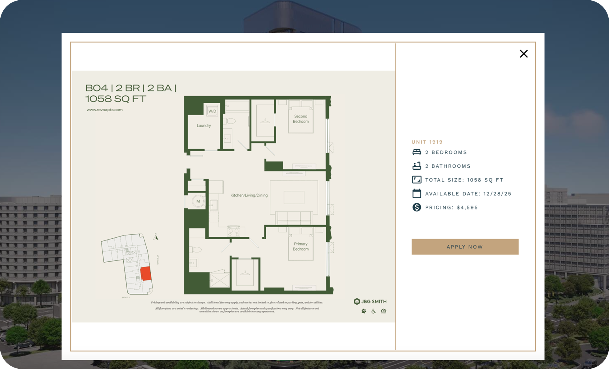Floor plan for a two-bedroom, two-bathroom apartment with 1058 square feet, showcasing two bedrooms, two bathrooms, a kitchen, living/dining area, laundry, and primary bedroom, with details on availability date and pricing.