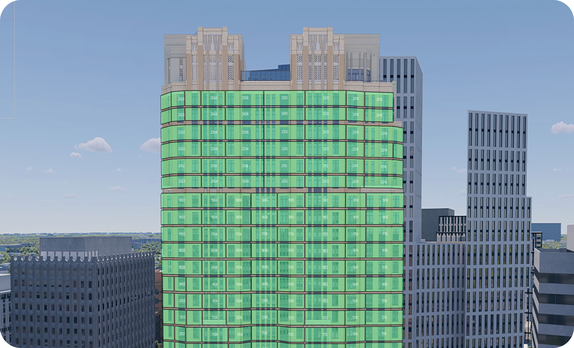 A digital rendering of a modern high-rise building with green-tinted glass windows, numbered from 1102 to 2516, surrounded by other skyscrapers in a cityscape under a blue sky with clouds.