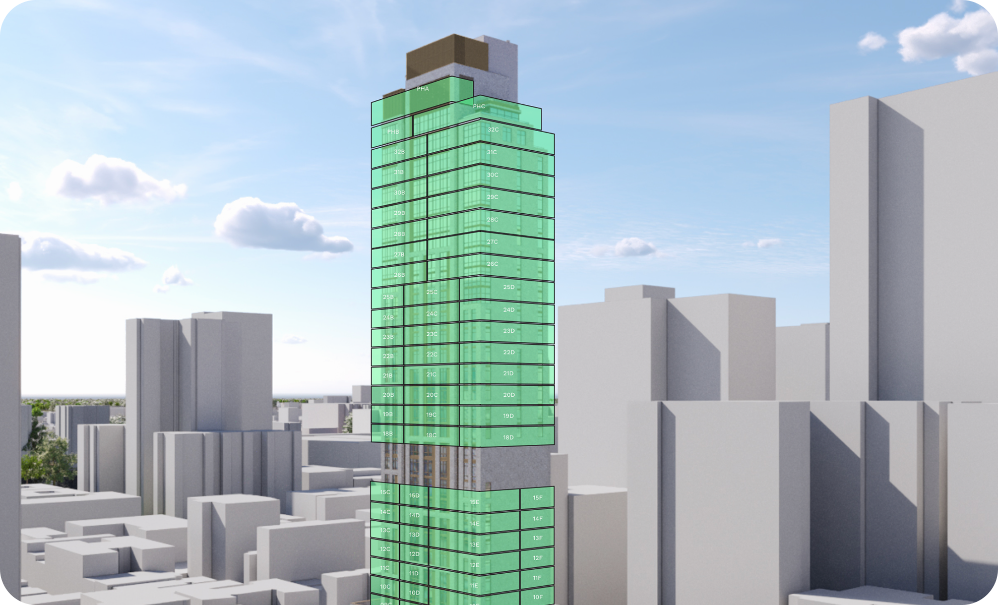 Architectural rendering of a tall modern glass building with labeled floors, set against a cityscape background with clear skies and clouds.