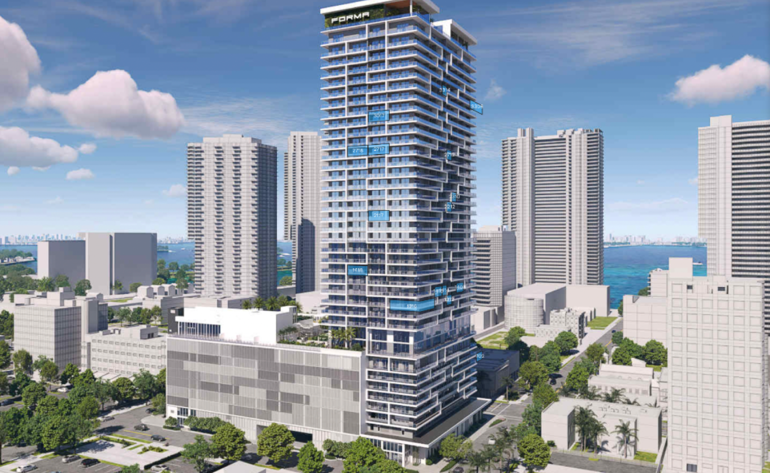 A modern high-rise building under construction with a unique design, surrounded by other tall buildings in an urban area near a body of water, with blue sky and scattered clouds overhead.