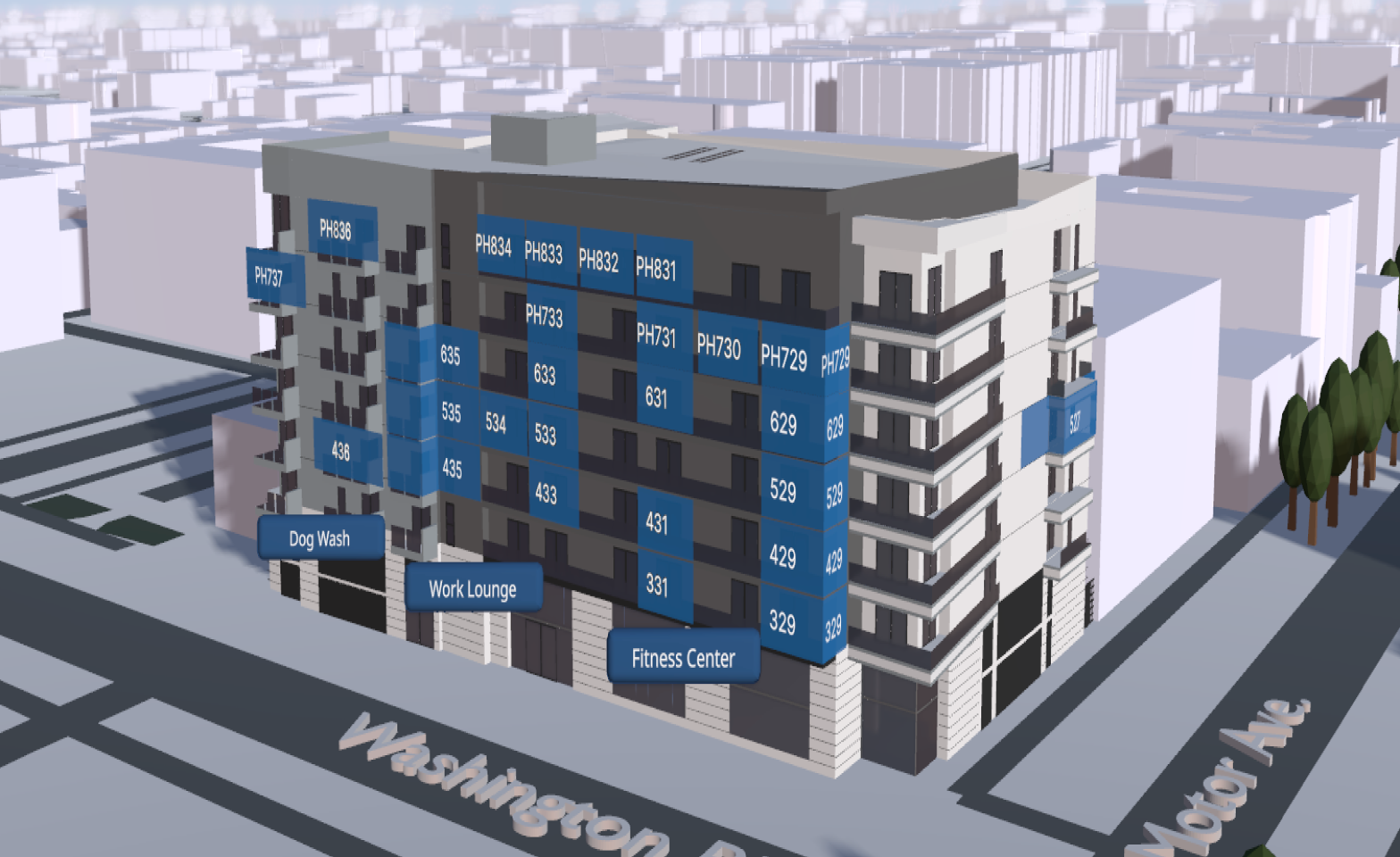 Illustration of a modern multi-story building with labeled units and amenities, including a dog wash, work lounge, and fitness center, located on Washington Avenue.