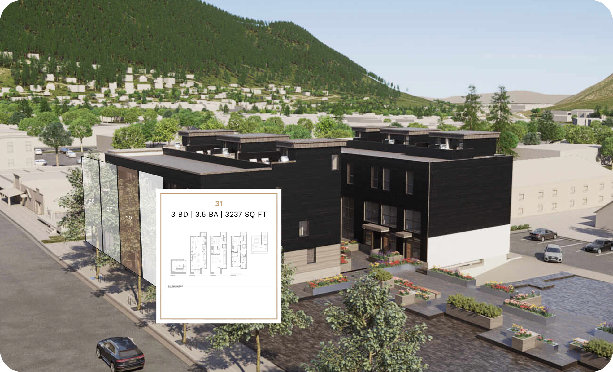 Rendering of a modern residential building with dark and white exterior, landscaped courtyard, parking lot with cars, trees lining the street, and a green hillside in the background. An overlay shows a floor plan labeled '3 BD | 3.5 BA | 3237 SQ FT' with detailed layout sketches.