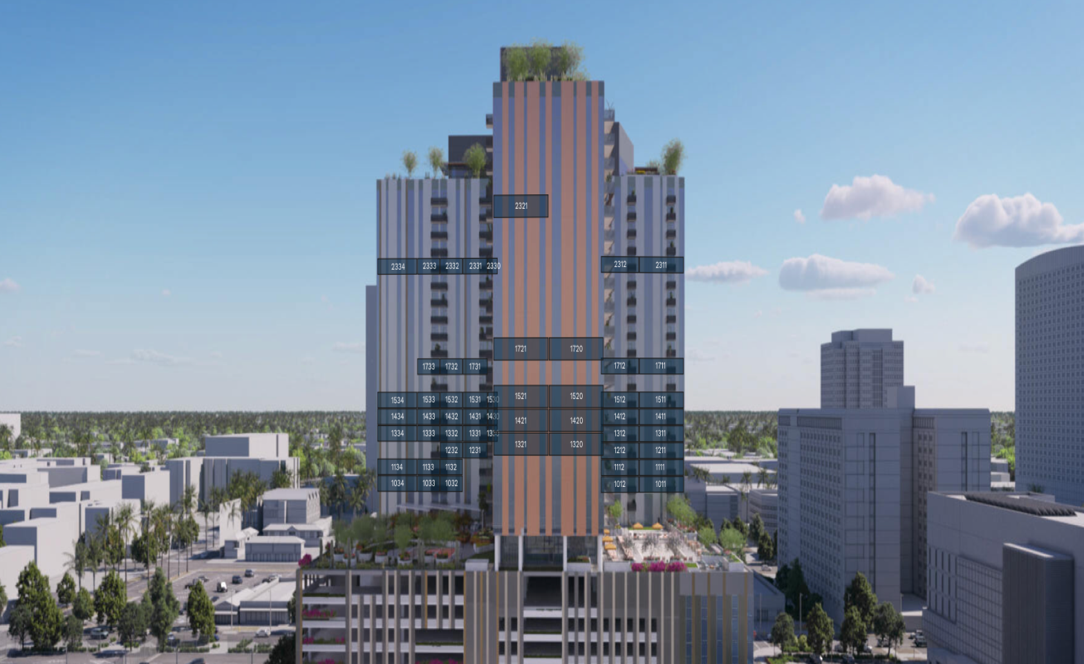 Rendering of a modern high-rise building with numbered sections, featuring a rooftop garden and blue sky with clouds.