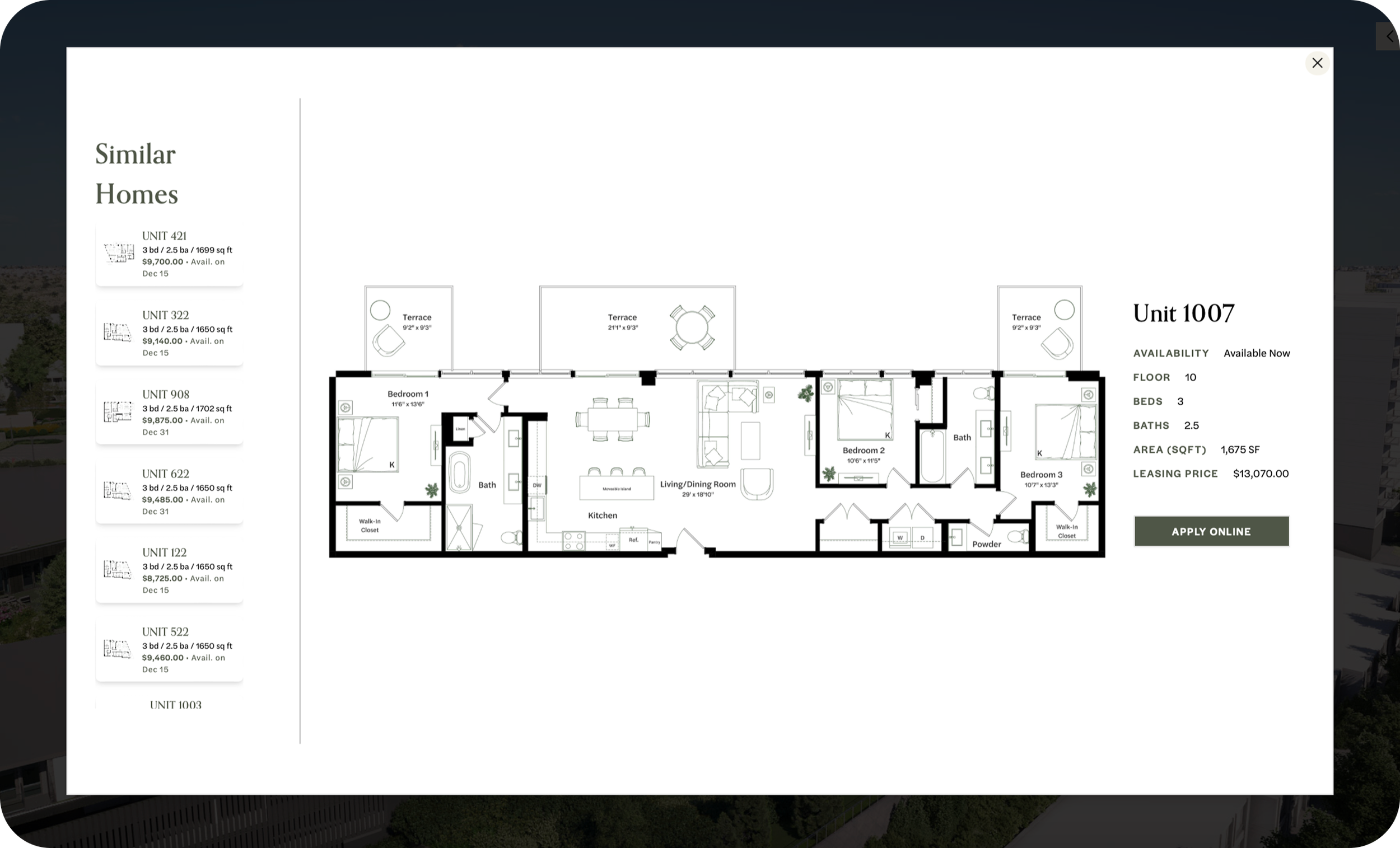 Floor plan of a three-bedroom, two-and-a-half-bath apartment with a living room, kitchen, two bedrooms, a third bedroom, two balconies, and additional features, labeled 'Unit 1007' with details on availability, floor, beds, baths, area, and leasing price.