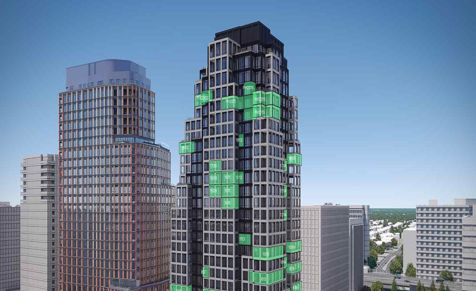 A modern high-rise building with individual windows, some of which are highlighted in green with labels such as 'PH2302,' 'PH2211,' and '1113,' among others. Other nearby buildings are also visible against a clear blue sky.