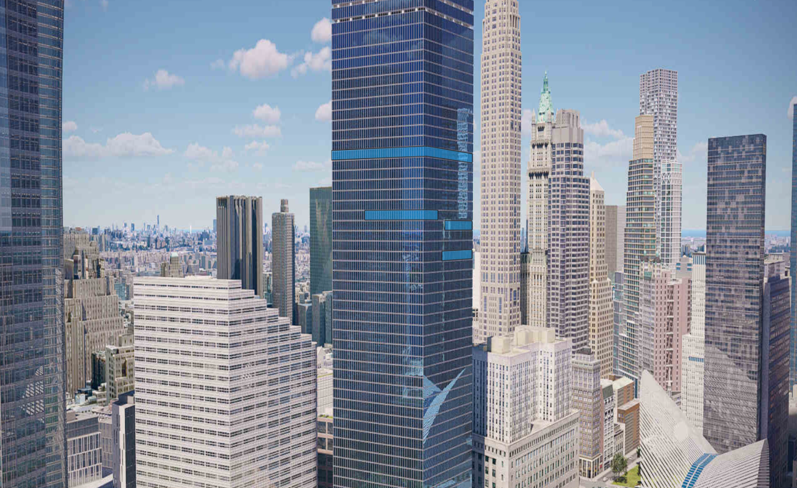 A cityscape with numerous tall skyscrapers, including one with blue glass windows and a distinctive angular design, under a partly cloudy sky.
