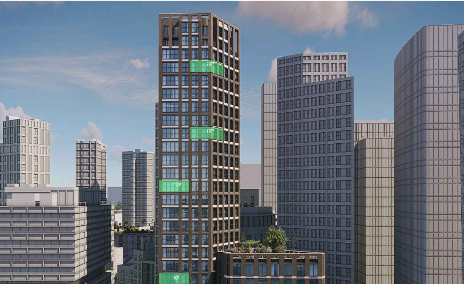 A modern high-rise building with vertical brown and glass facade in a city skyline. Green labels with building floor numbers, such as 601, 1301, 1707, and 2207, are attached to the building.