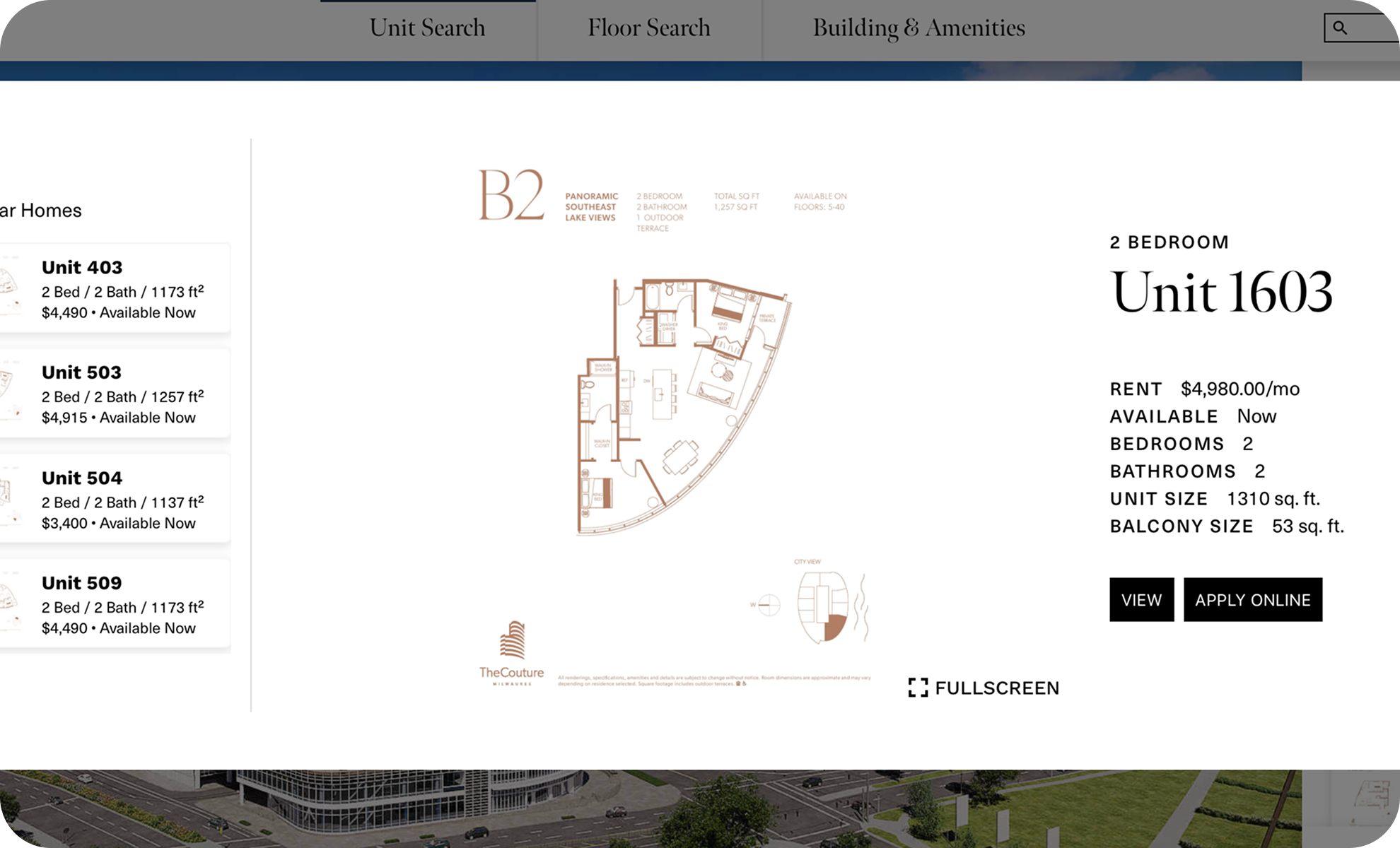 Floor plan and details for Unit 1603, a 2-bedroom, 2-bathroom apartment with 1,310 square feet, balcony of 53 square feet, rent of $4,980 per month, available now. Buttons for viewing or applying online. Part of a property website with navigation tabs for unit search, floor search, and building amenities.