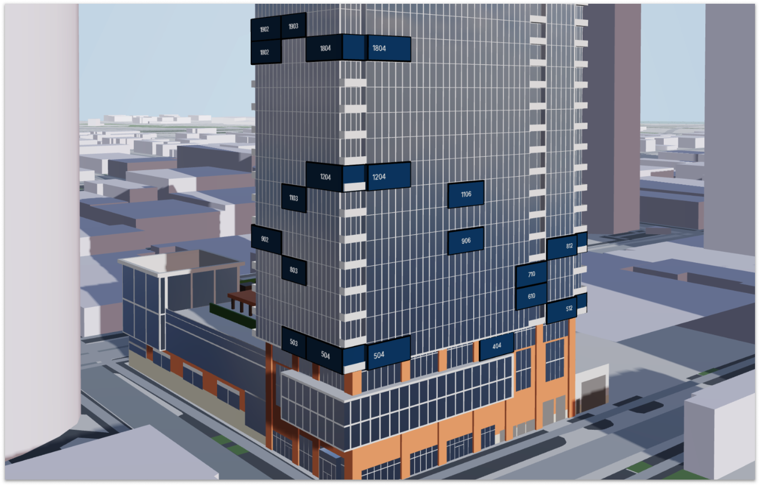 Digital illustration of a modern high-rise building with numbered signs on the exterior, surrounded by other city buildings and streets.
