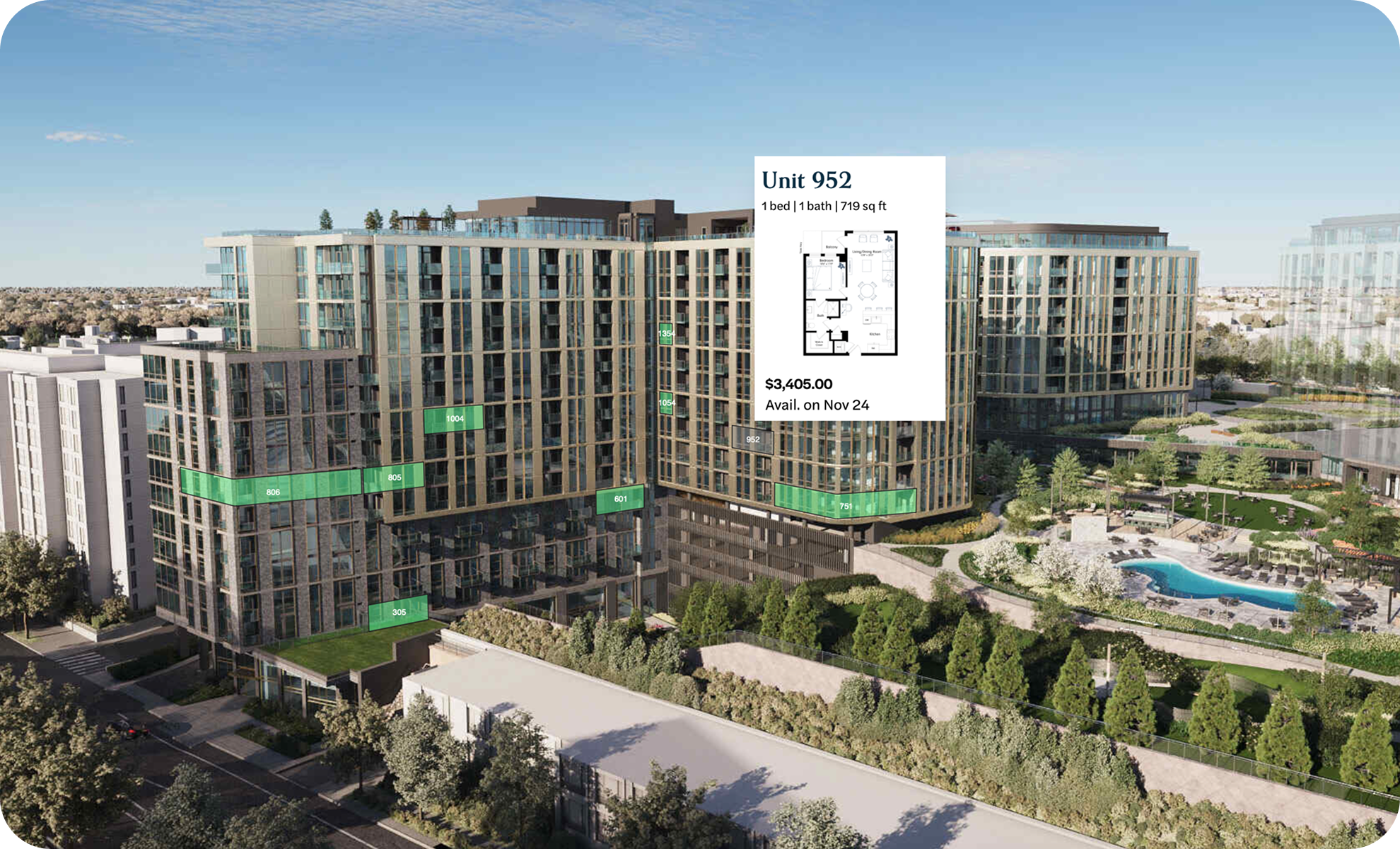 A digital rendering of a modern apartment complex with multiple buildings, greenery, and a swimming pool in the courtyard. An overlay shows unit 952, a one-bedroom, one-bathroom apartment measuring 719 square feet, priced at $3,405, available on November 24.