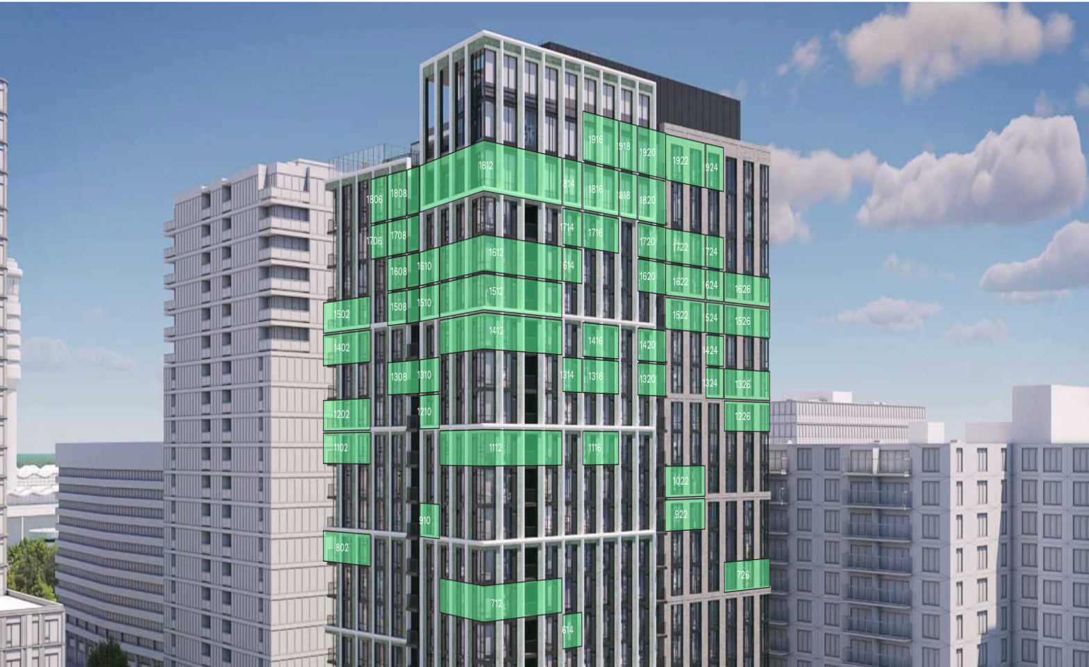 A tall modern building with a glass facade, surrounded by other high-rise buildings, with green overlay labels indicating different floor or unit numbers.