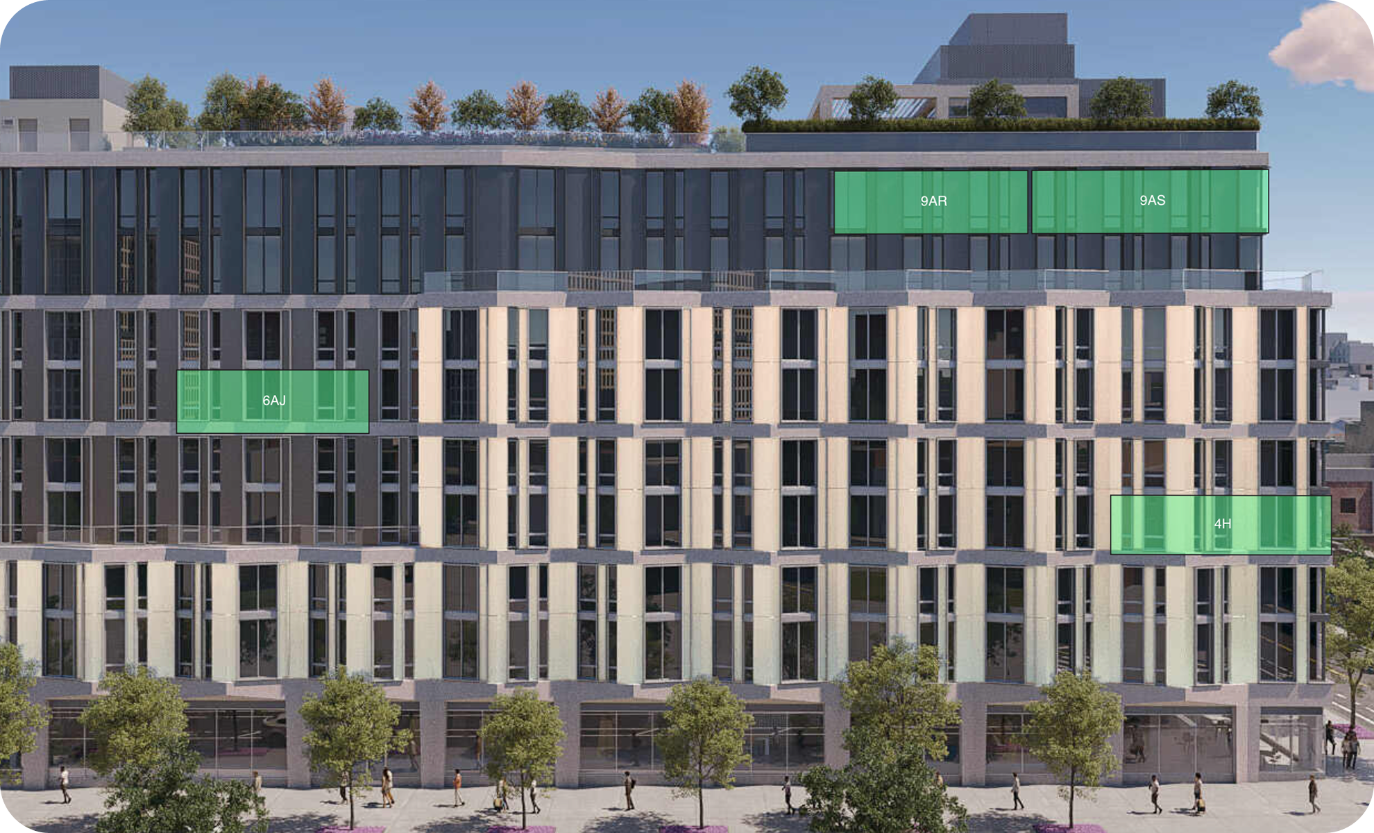 A modern multi-story building with glass windows, trees on each balcony, and a pavement with pedestrians in front. Green rectangles with white text indicating designated areas labeled 6AJ, 9AR, 9AS, and 4H are overlaid on different floors.