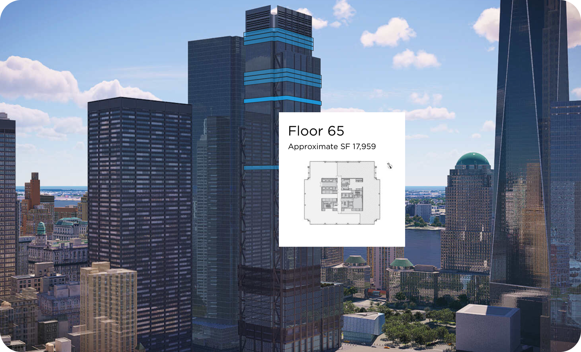 High-rise cityscape with a skyscraper under construction, featuring a pop-up window displaying floor 65 plan and approximate 17,959 square feet.