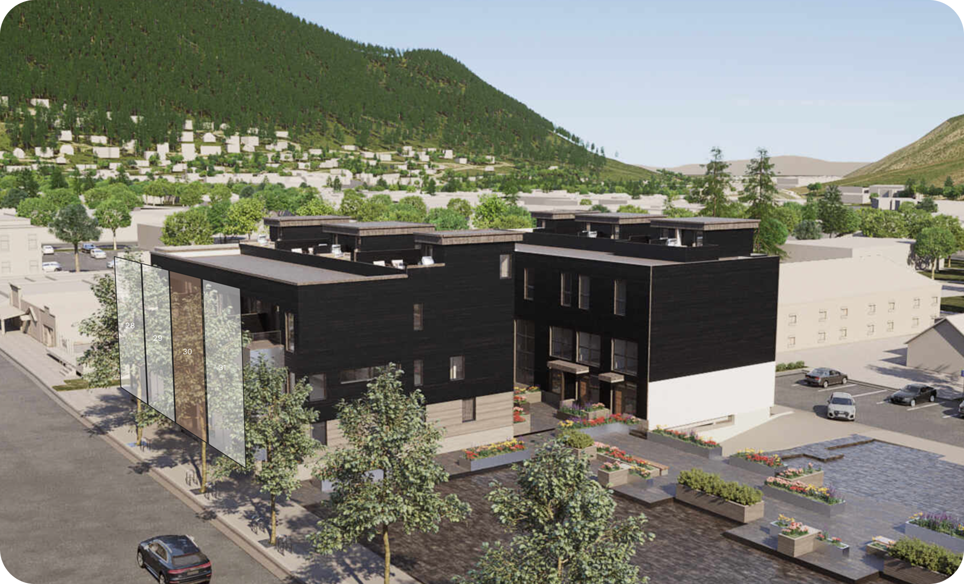 Digital rendering of a modern residential building with black exterior accents and white lower sections, surrounded by landscaped garden beds with flowers, in an urban area with parking lots and trees, and green mountains in the background.