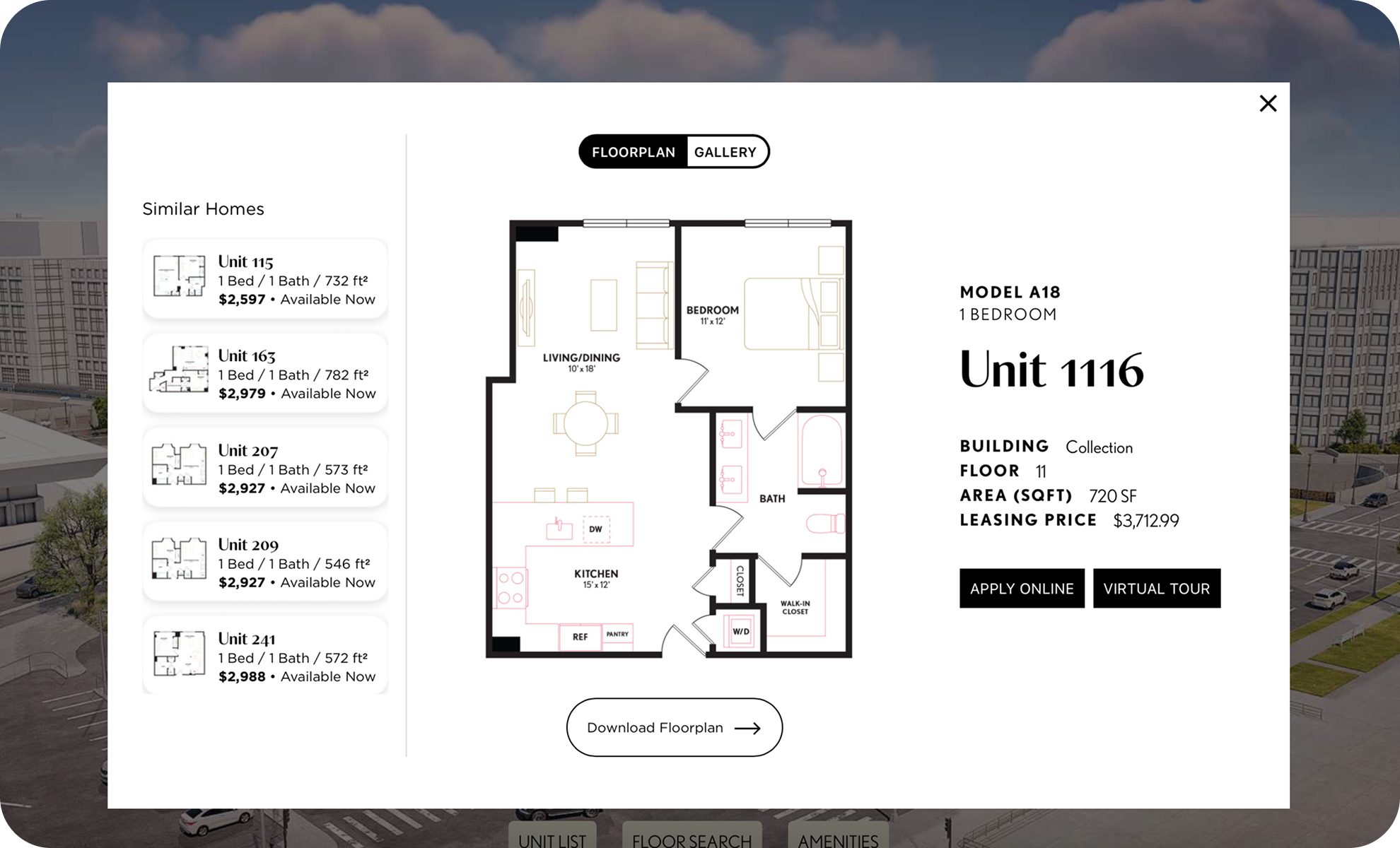 Floor plan of a one-bedroom apartment model A18, unit 1116, on the 11th floor, 720 square feet, leasing price $3,712.99. The layout includes a living/dining area, kitchen, bedroom, bathroom, walk-in closet, and laundry area.
