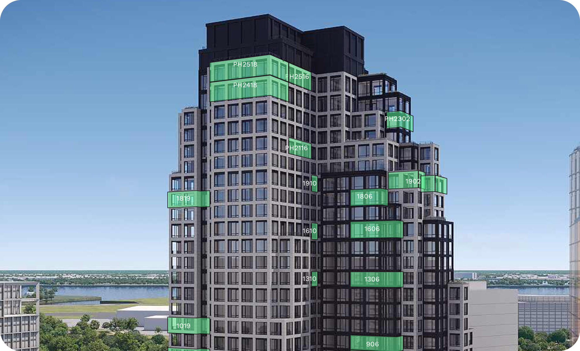 A modern high-rise building with multiple floors, each labeled with room or unit numbers in green boxes, including units like 1019, 1310, 1306, 1606, 1806, 1902, 1910, 2418, 2516, and 2518, set against a clear blue sky with a river and other buildings in the background.