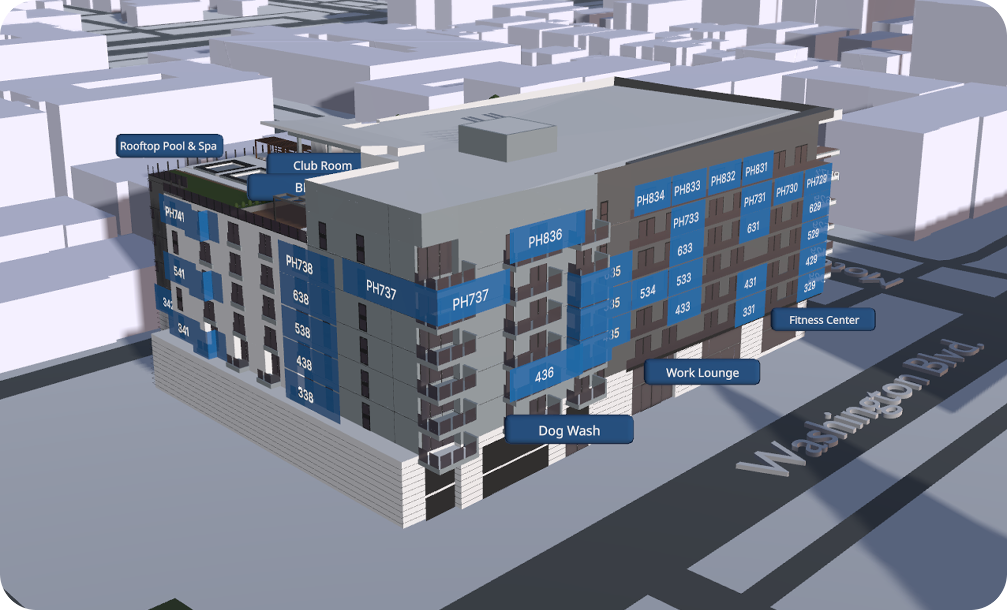 A digital rendering of a multi-story building with labeled sections including rooftop pool & spa, club room, fitness center, work lounge, and dog wash, situated on Washington Blvd.