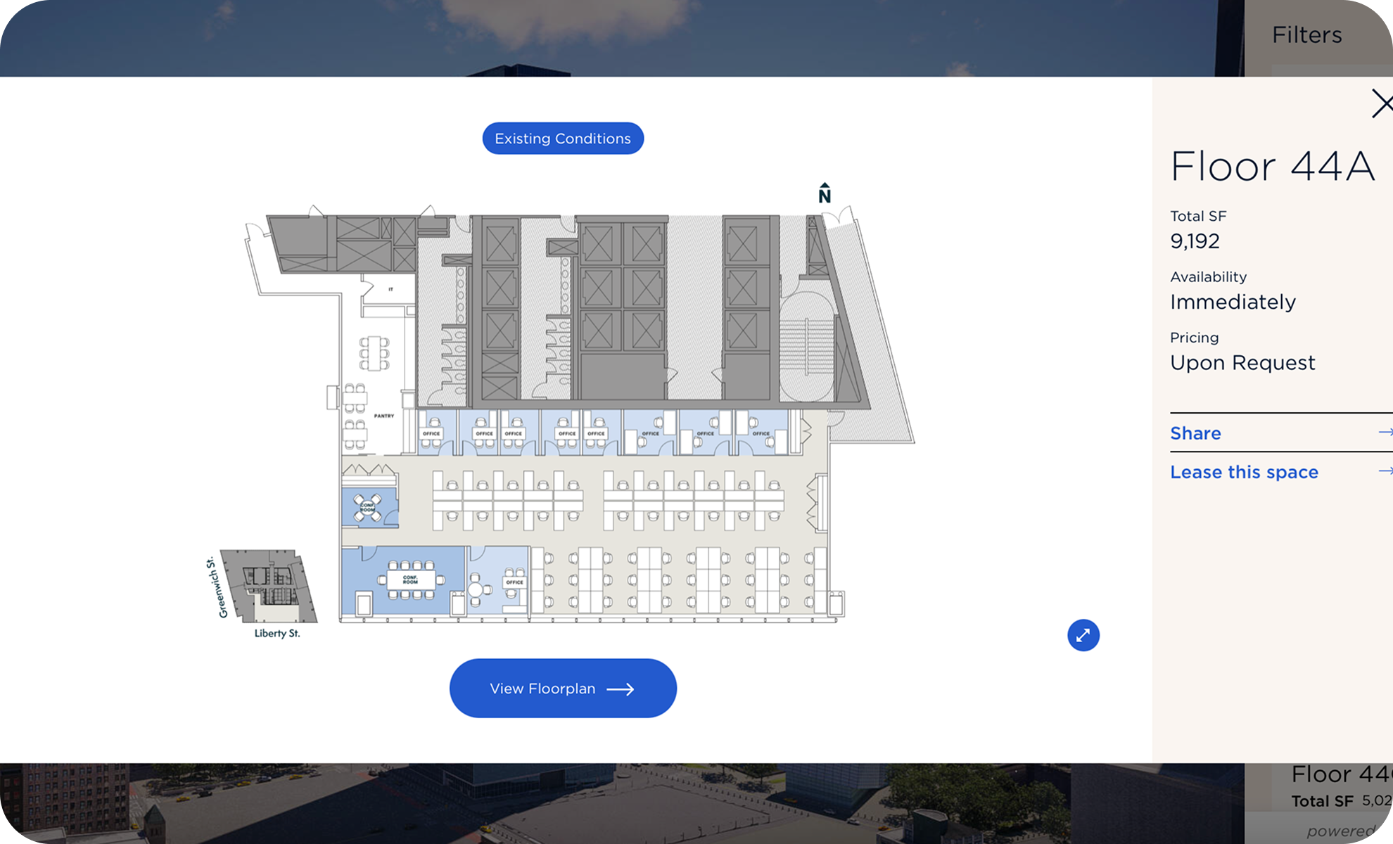 Floor plan of a commercial office space on the 44th floor showing individual offices, conference rooms, cubicles, a pantry, and workstations, with directional labels for streets Liberty Street, Greenwich Street, and a staircase and elevator area.