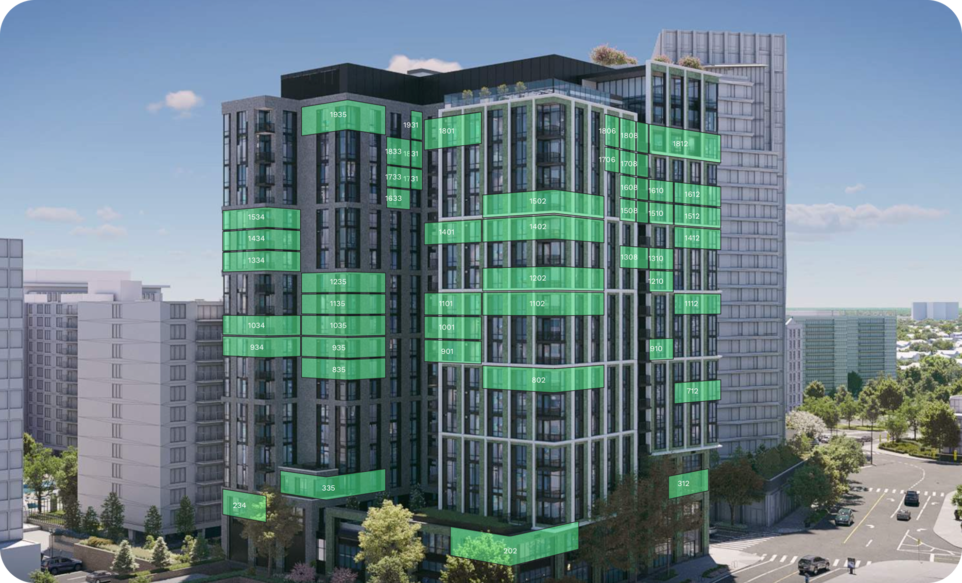 A modern residential building with digital labels on the windows indicating apartment numbers, set in an urban environment with other high-rise buildings and a street with cars.