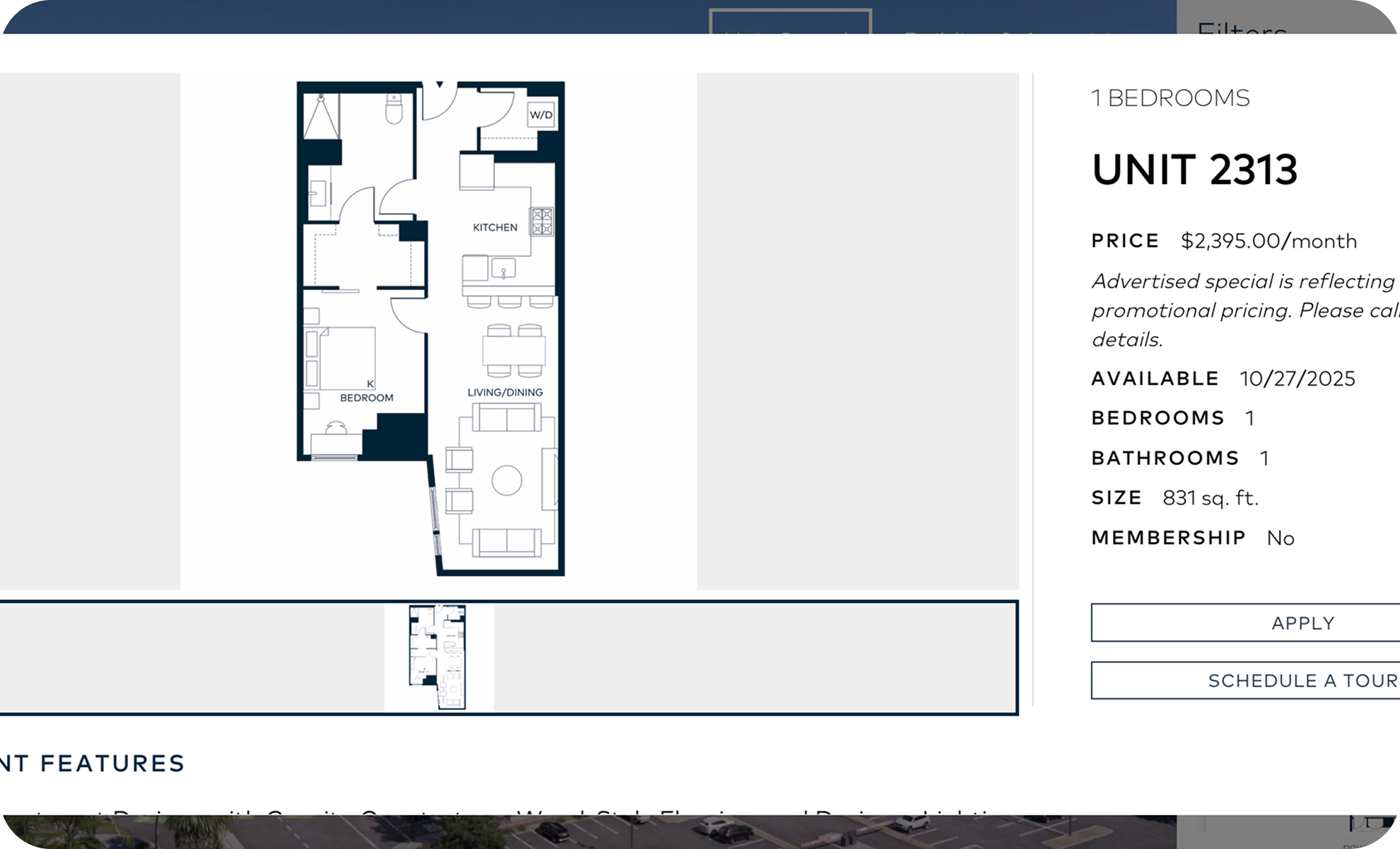 Floor plan of an apartment unit 2313 with one bedroom and one bathroom. The layout includes a bedroom, kitchen, living/dining area, and bathroom, with details about pricing, availability, and features listed on the right side.