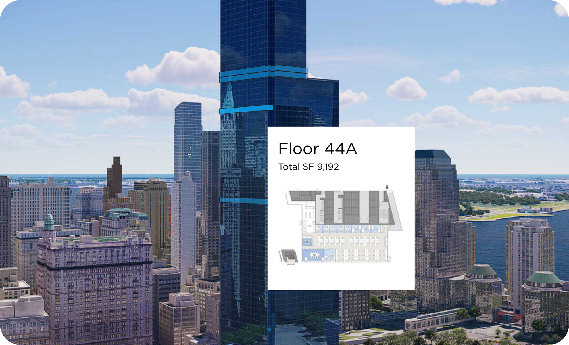 A cityscape with tall skyscrapers under a blue sky with clouds. An overlay window shows the details of Floor 44A, with a total area of 9,192 square feet and a floor plan diagram.
