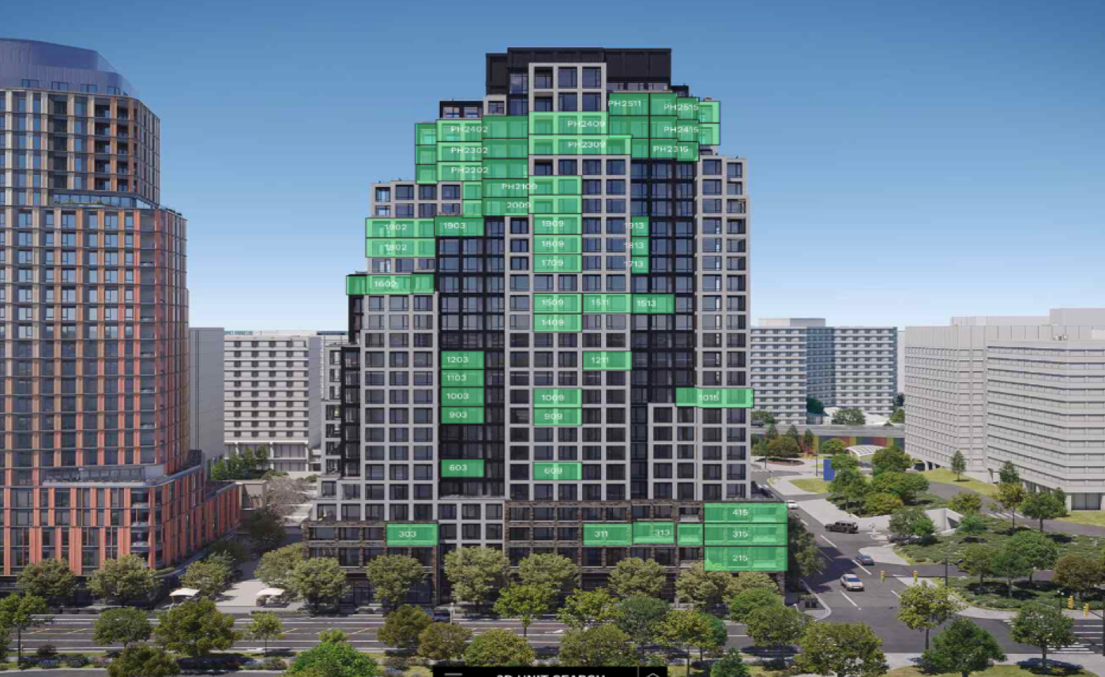 High-rise condominium building with labeled apartments and green modular units on rooftop, cityscape background with other tall buildings, trees, and parking lot in the foreground.