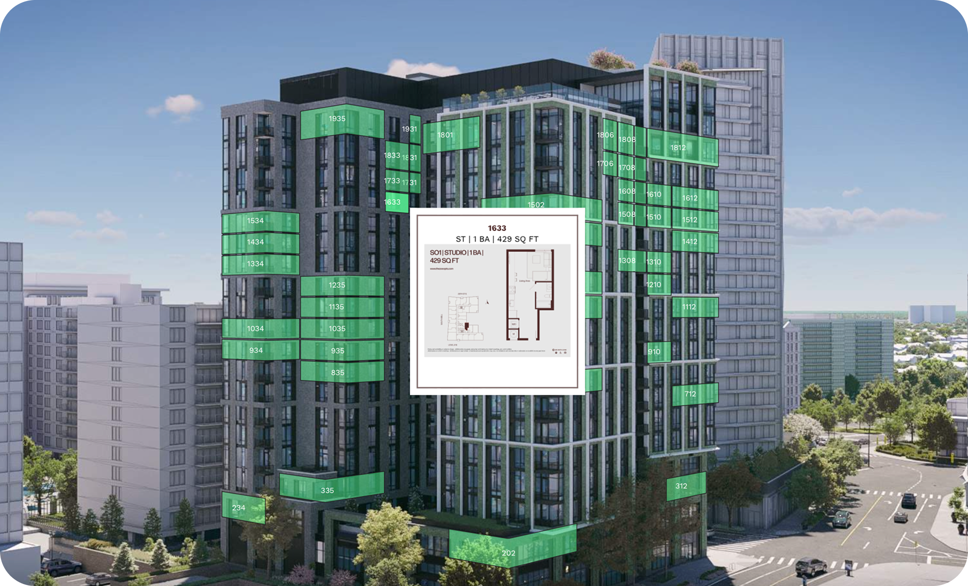 Architectural rendering of a modern high-rise apartment building with labeled apartment units highlighted in green, showing floor plans for unit 1633.