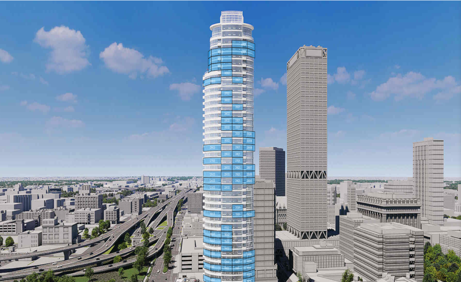 A tall modern skyscraper under construction in a city, with blue construction zones and safety markings on its exterior, surrounded by other high-rise buildings, roads, and greenery under a partly cloudy sky.
