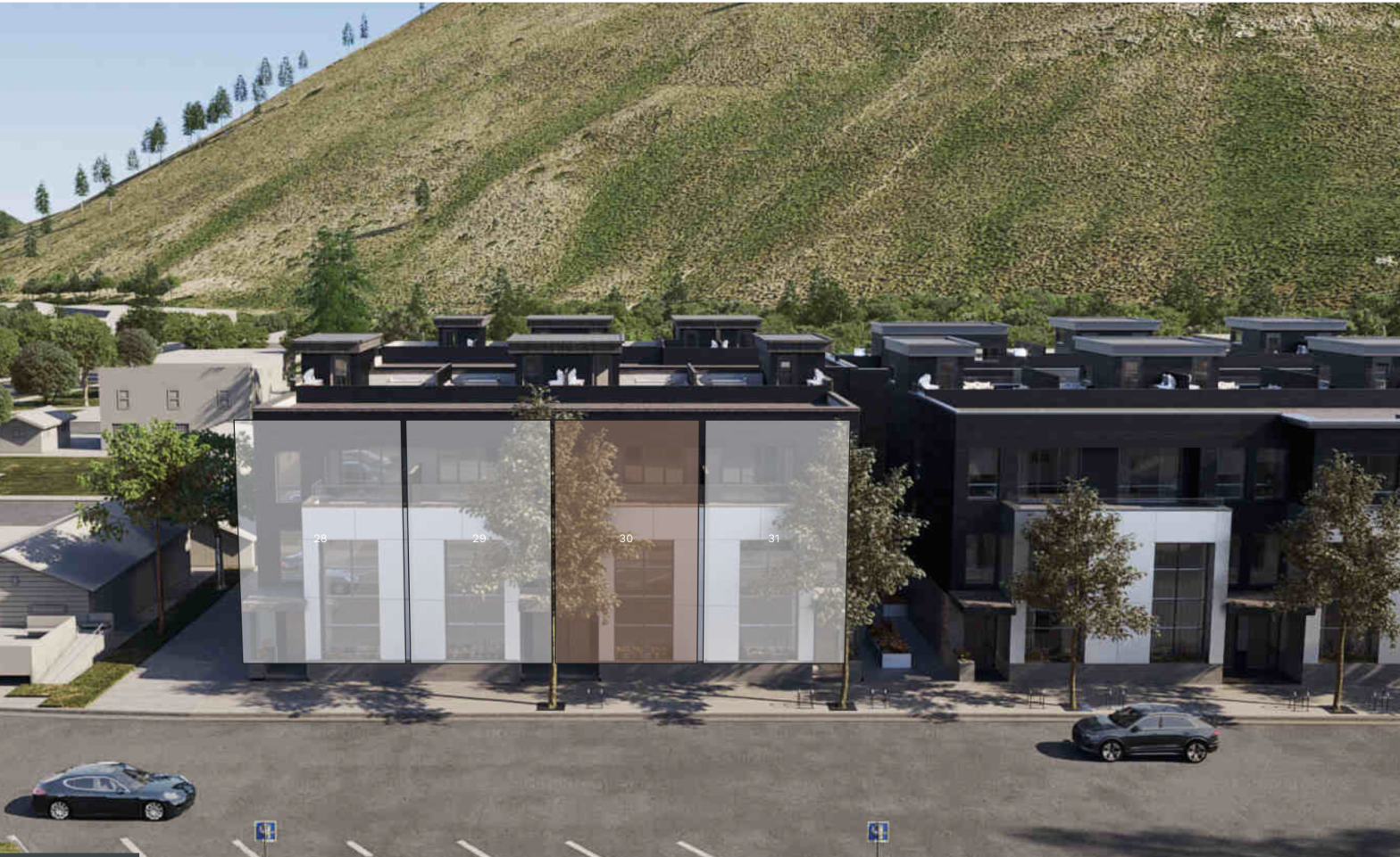 A 3D rendering of a row of modern multi-story residential buildings with trees along the sidewalk, parked cars, and a hillside with greenery in the background.