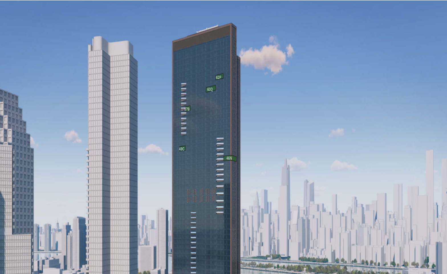 A digital rendering of a city skyline featuring tall skyscrapers with one prominent modern blue glass building in the foreground, with labeled windows indicating floor numbers, set against a bright blue sky with some clouds.