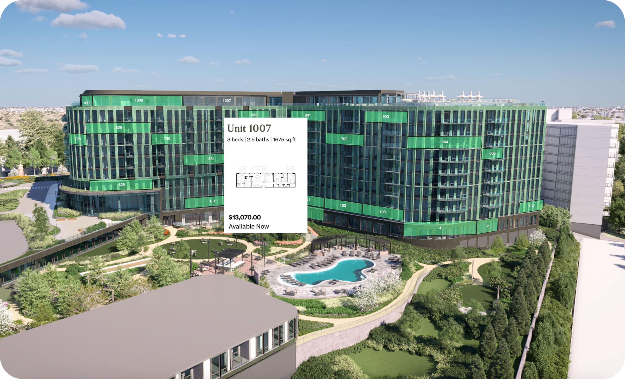 Digital rendering of a modern apartment building with a pool and landscaped garden, showcasing available units with their numbers, including Unit 1007, which is a 3-bedroom, 2.5-bath apartment for $13,070.