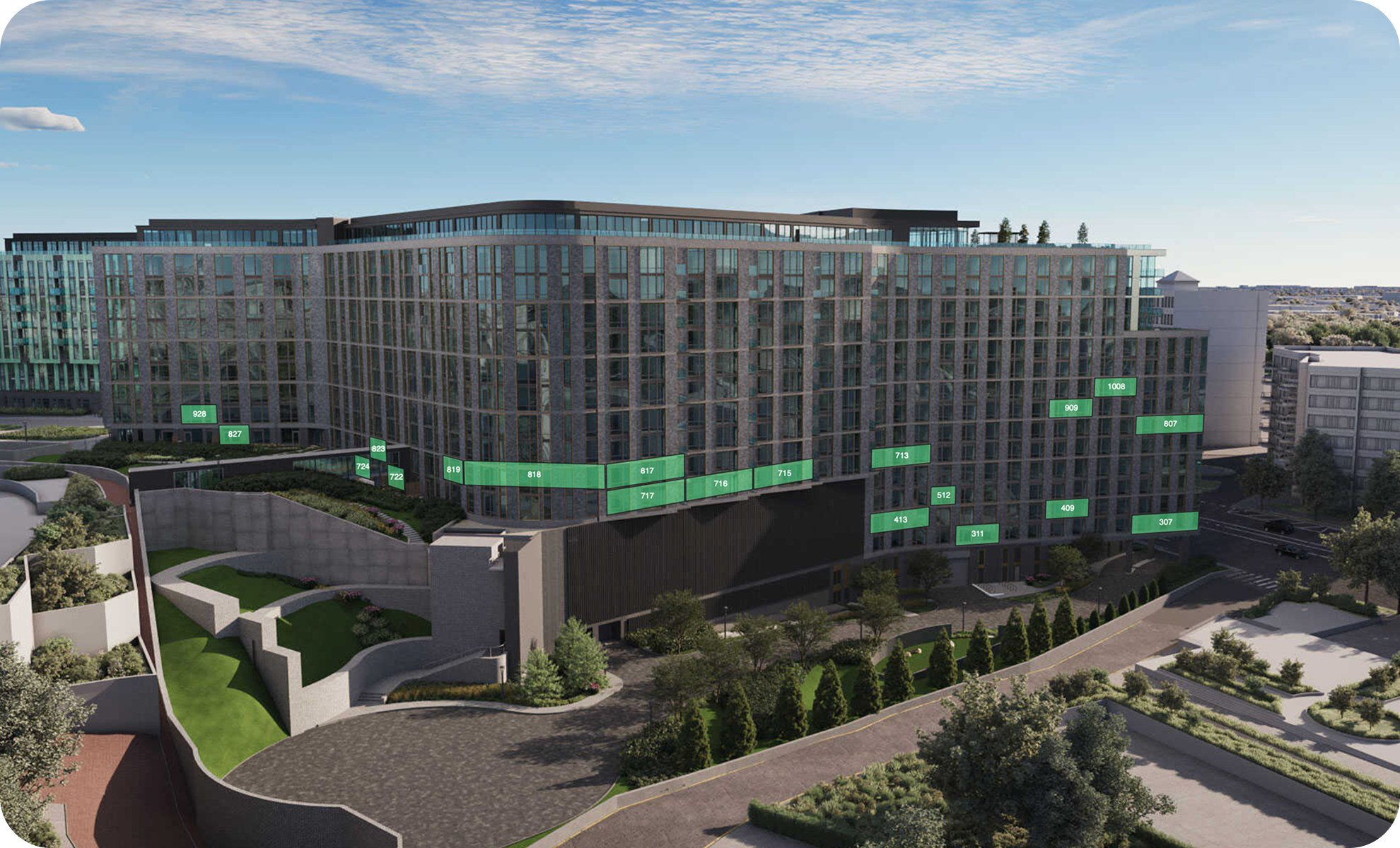 Rendering of a modern multi-story residential building with labeled units, surrounded by landscaped garden areas and daylight.