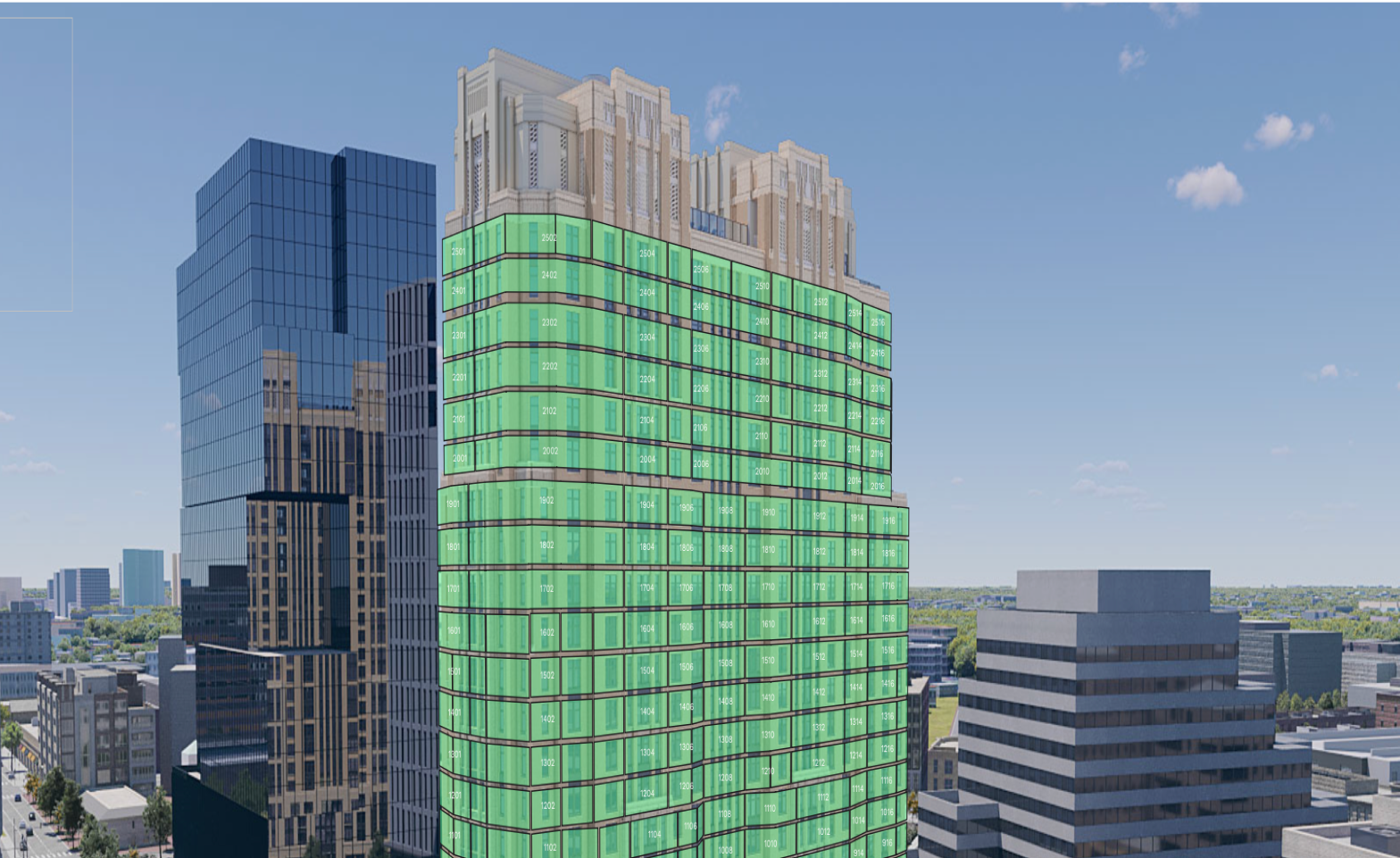 A city skyline featuring a tall modern glass building with green-tinted windows and numbered labels, surrounded by other high-rise buildings against a blue sky with a few small clouds.