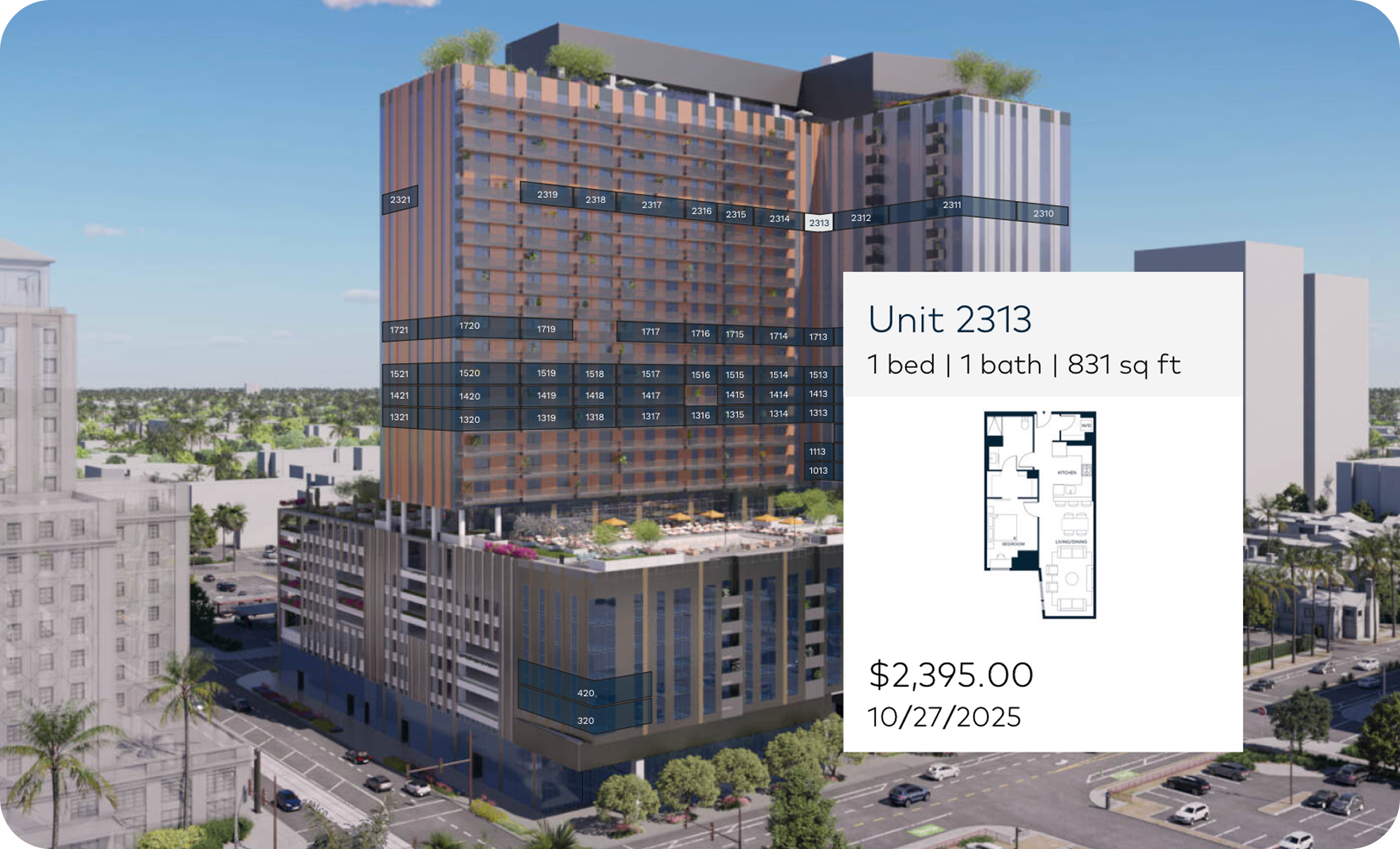A modern high-rise apartment building with a digital overlay showing unit 2313 details, including a floor plan, price, and date, in an urban area with surrounding buildings, palm trees, and parking lots.
