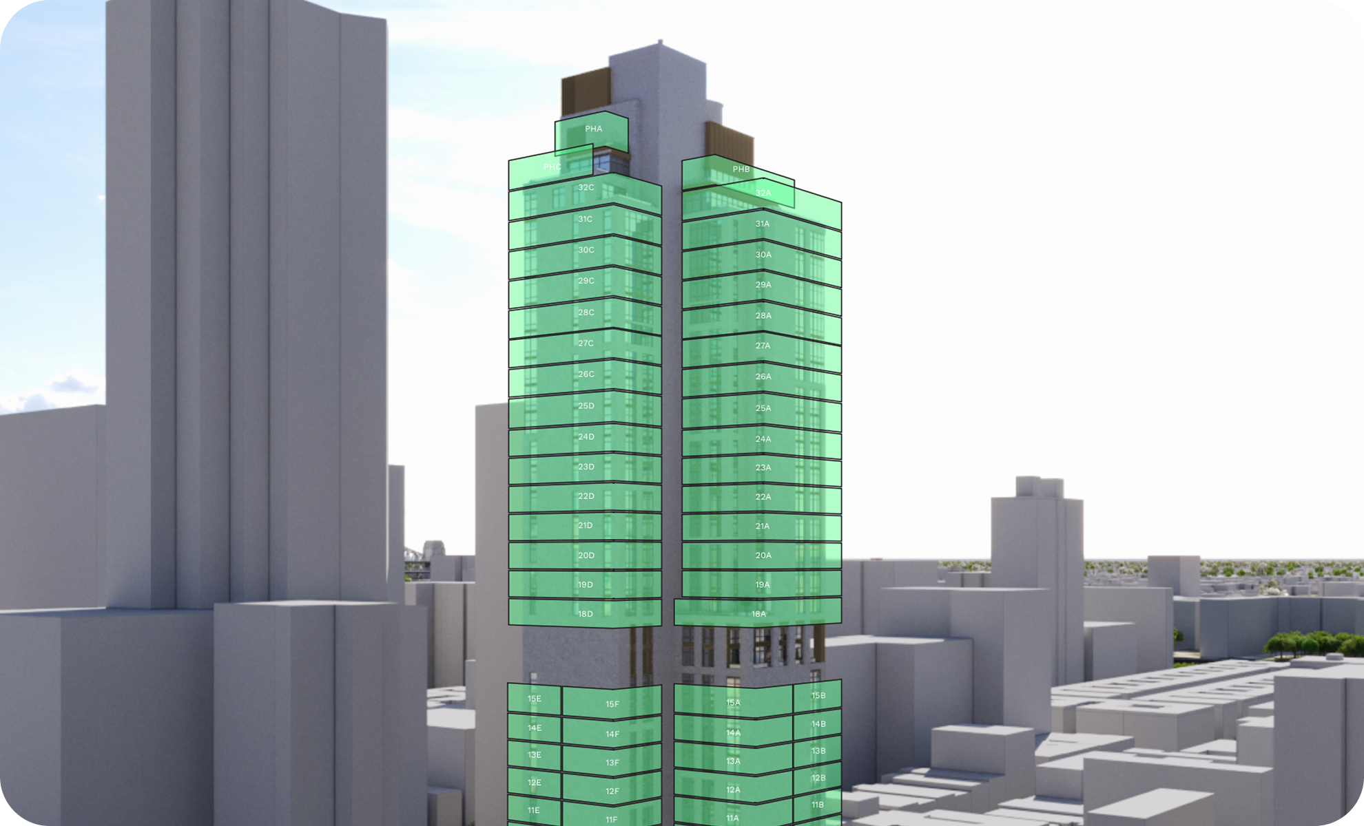 A digital rendering of a tall, modern twin skyscraper with green transparent facades and labeled floors, set in an urban cityscape with other high-rise buildings around.