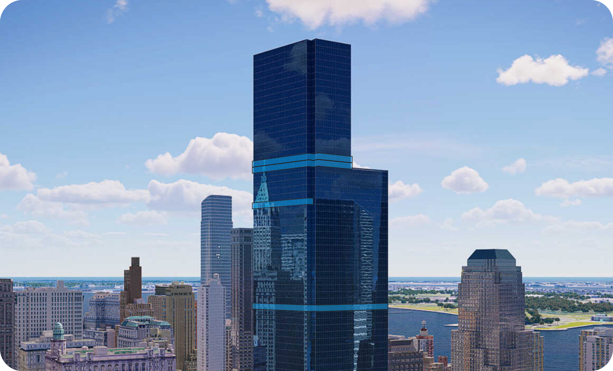 A tall modern glass skyscraper with a blue tint against a backdrop of a city skyline and a partly cloudy sky.