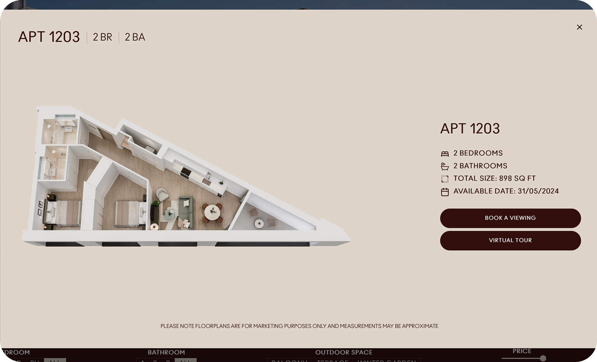Floor plan of apartment APT 1203 with 2 bedrooms, 2 bathrooms, and total size of 898 sq ft, showing layout of rooms, kitchen, living area, and outdoor balcony. Options to book a viewing or virtual tour are available.