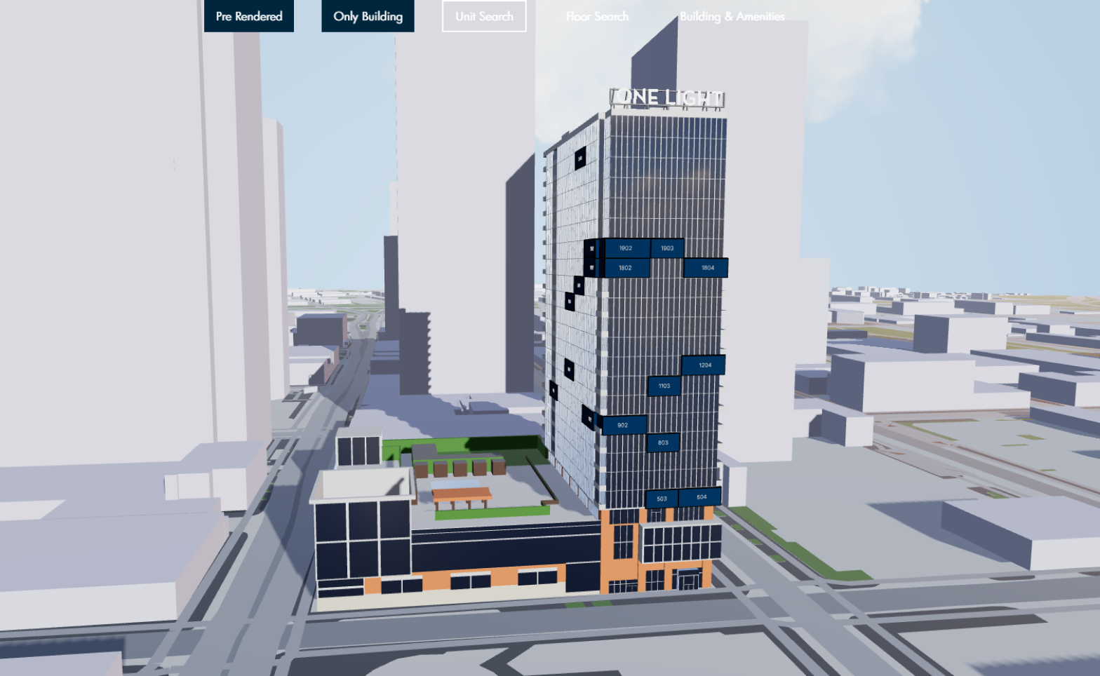 A digital architectural rendering of a tall modern high-rise building with labeled sections, situated in an urban environment with nearby structures and roads.