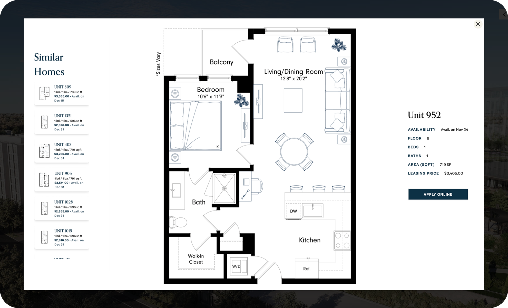 Floor plan of a one-bedroom apartment with a living/dining room, kitchen, bedroom with balcony access, bathroom, and walk-in closet. The image also shows unit details including location on the ninth floor, one bed, one bath, 719 square feet, and leasing price of $3,405.