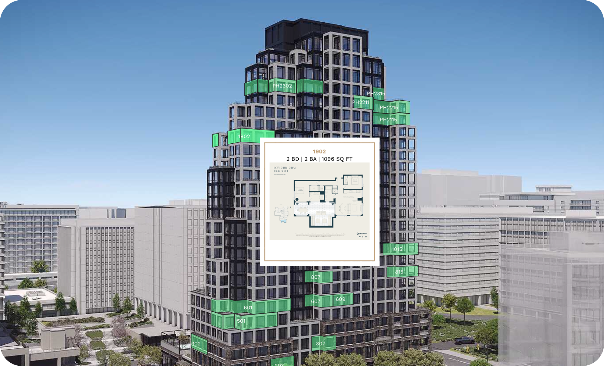 A tall modern residential building with multiple units marked with their respective numbers in green, apartments' floor plans displayed in the center, and a cityscape background with clear blue sky.
