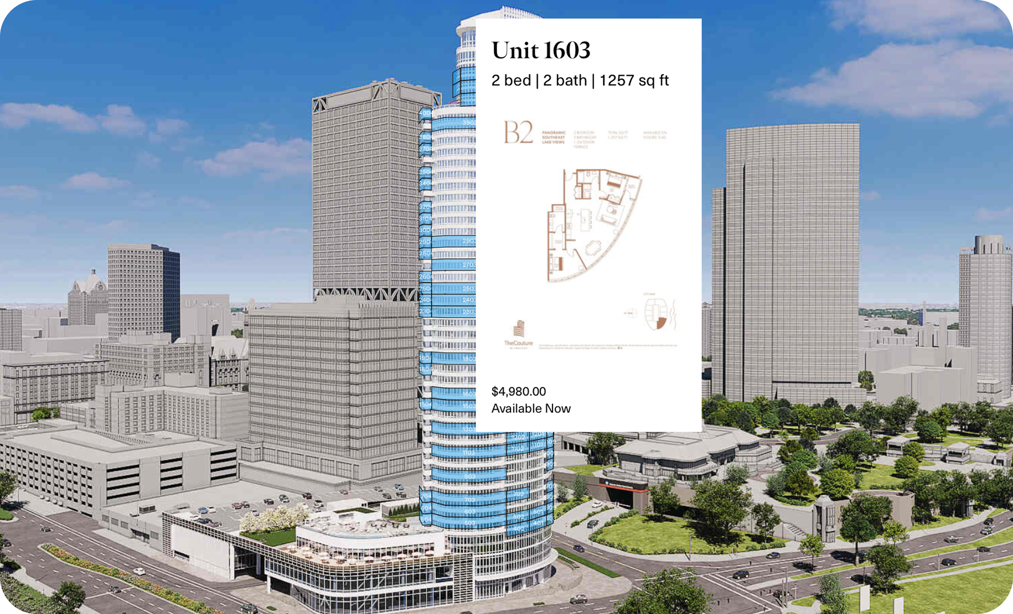 Skyline of a city with modern high-rise buildings, with a digital overlay showing an apartment listing for Unit 1603, a 2-bedroom, 2-bathroom unit with 1257 sq ft, priced at $4,980, located on the 16th floor of a skyscraper.