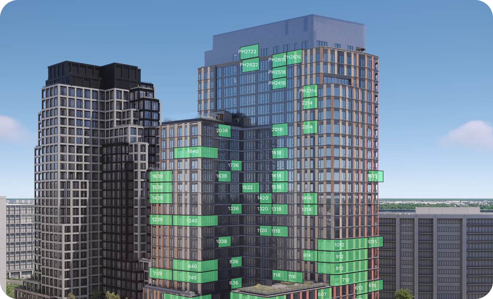 A high-rise building with numbered markers on various sections of its windows and facade, with a clear blue sky in the background.