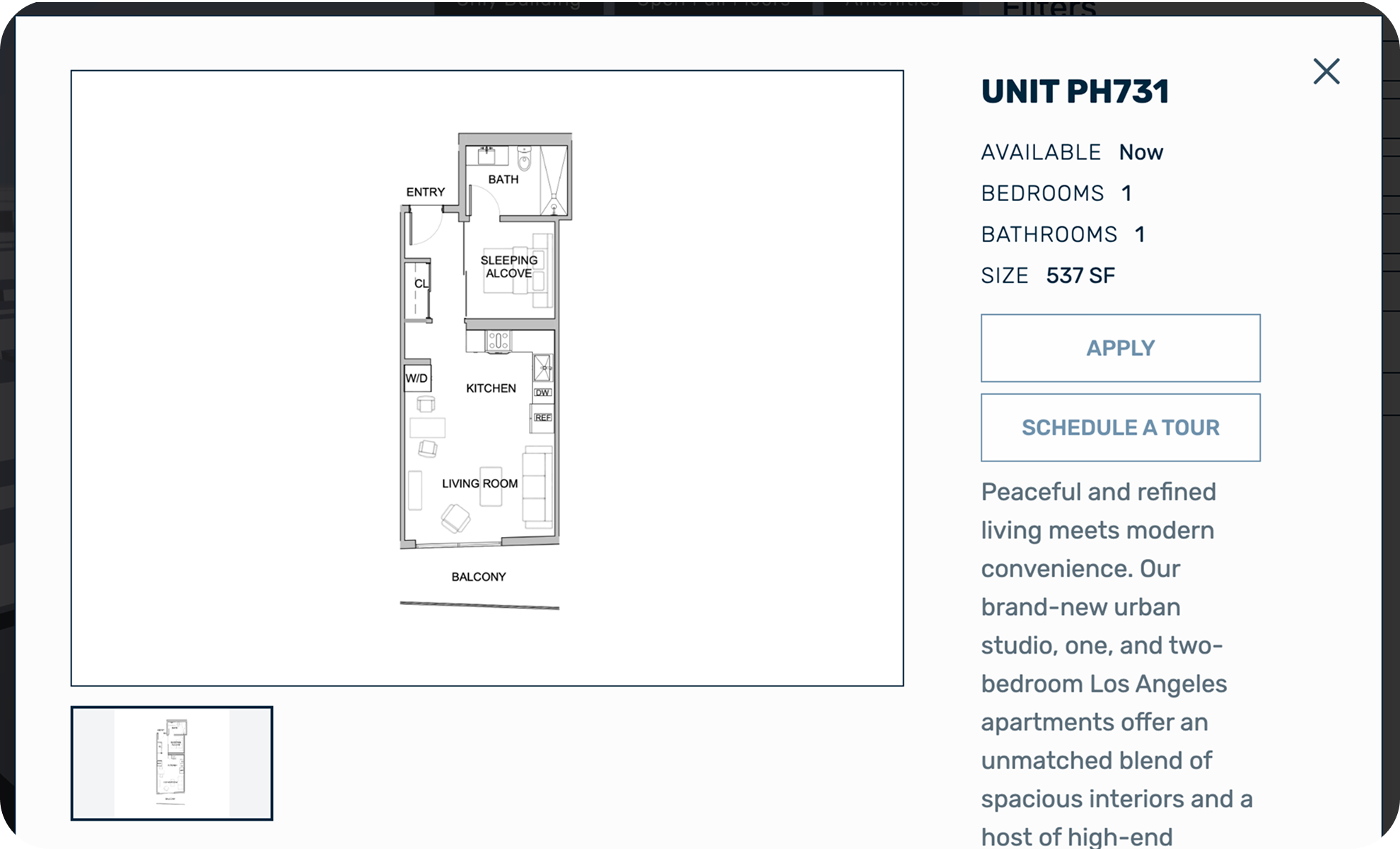 Floor plan of an apartment unit with labeled areas including entry, bathroom, sleeping alcove, kitchen, living room, and balcony.
