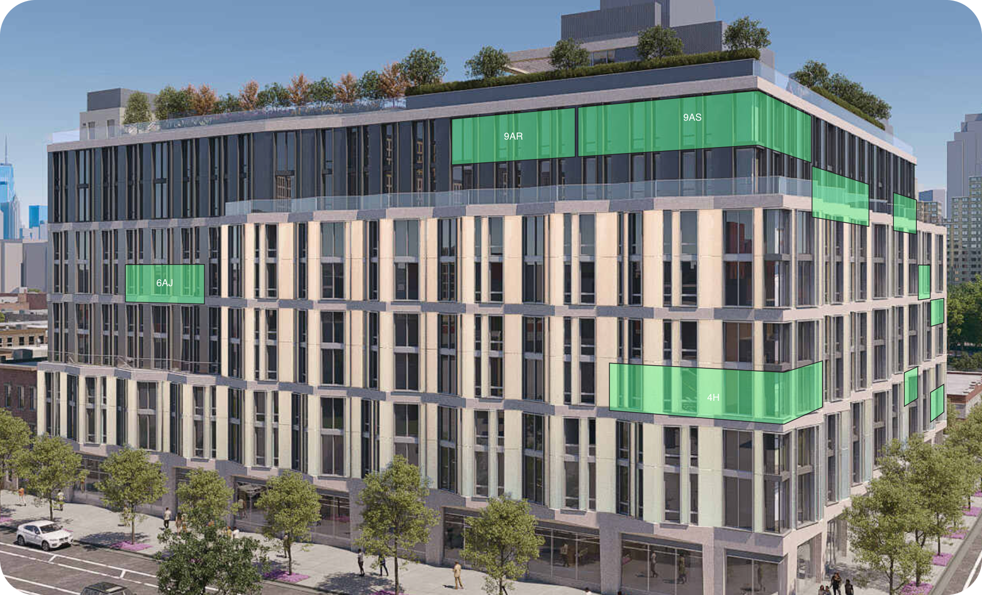 Rendering of a modern multi-story building with large windows and a rooftop garden. Several green digital overlays with codes are visible across the building's facade.