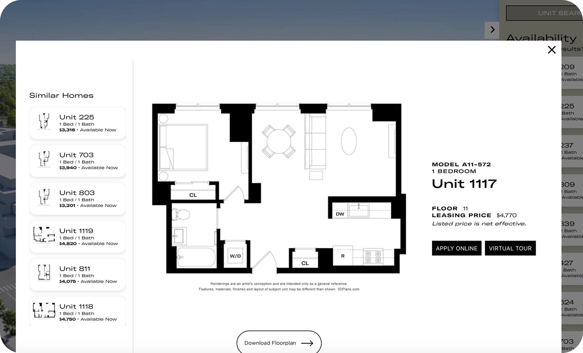 Floor plan of a one-bedroom apartment labeled as Unit 1117, showing the layout with a living room, kitchen, bathroom, bedroom, and closets. The floor plan includes furnishings and appliances, and mentions leasing price of $4,770. Options for online application and virtual tour are buttons below the layout.