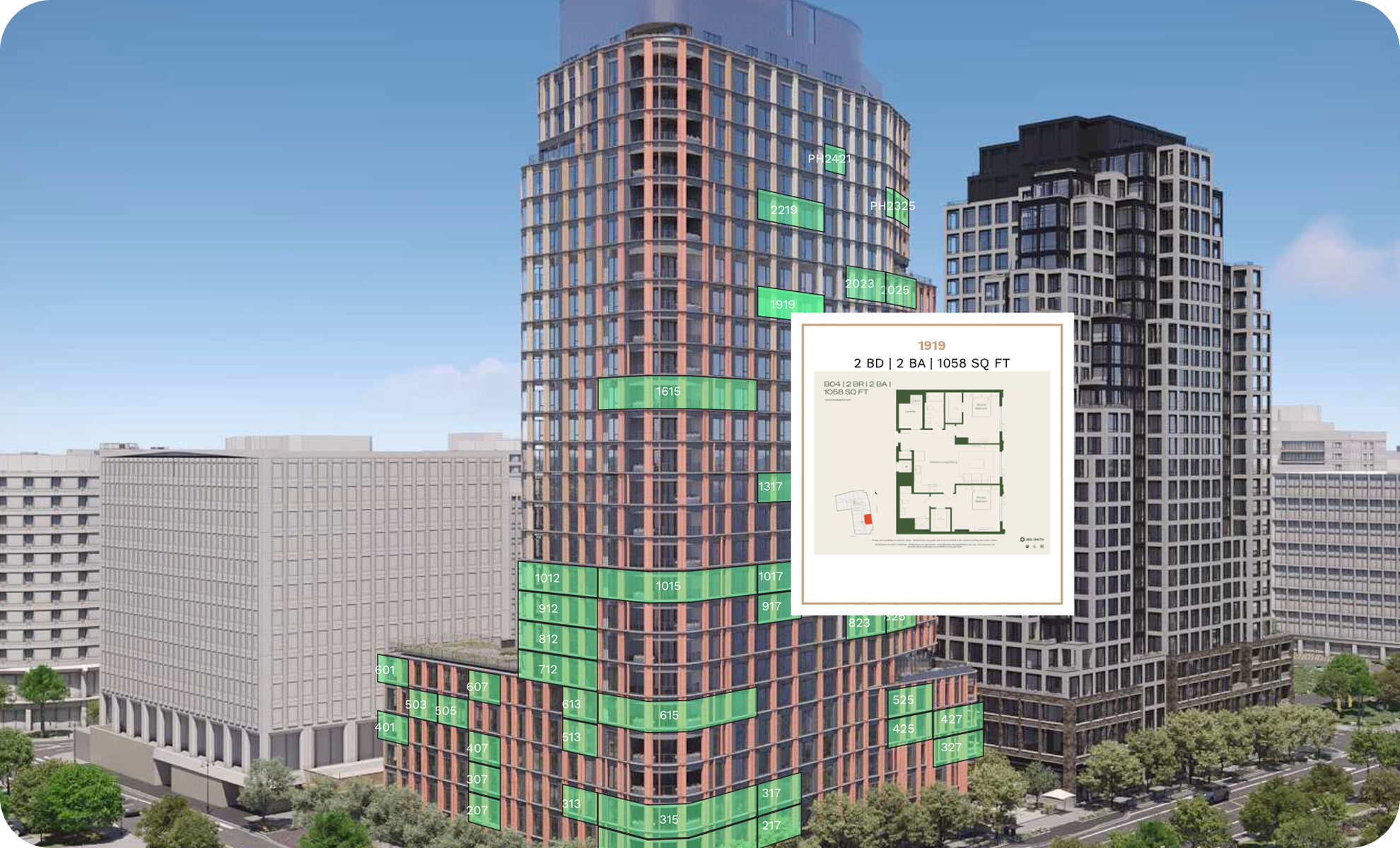 Illustration of a tall modern residential high-rise building in an urban area, with numbered green labels indicating apartment units, and a floor plan overlay showing a 2-bedroom, 2-bathroom apartment.