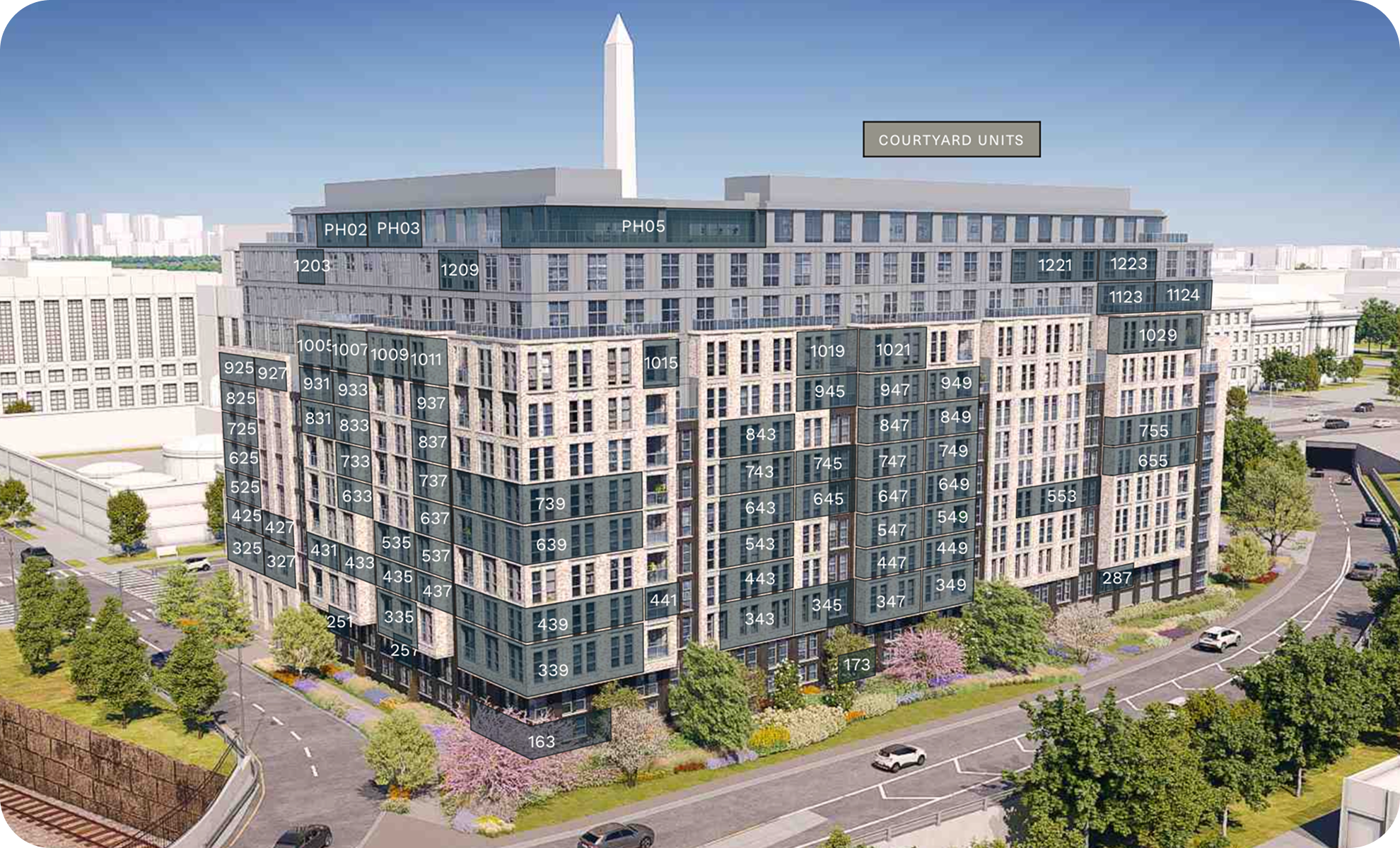 A digital rendering of a multi-story residential building with labeled sections and apartment numbers, situated in an urban area with trees, roads, and parking.