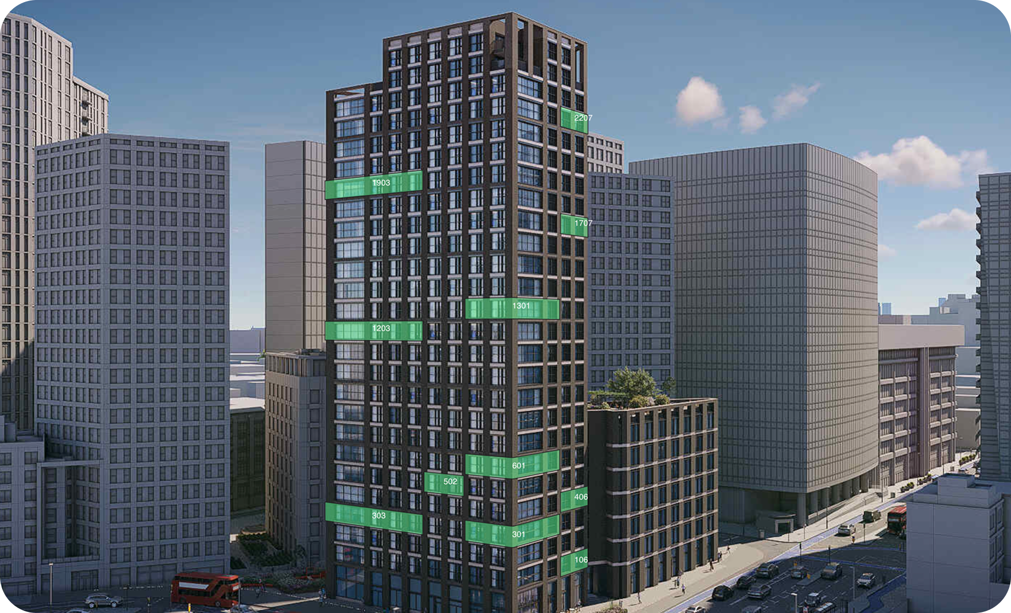 A tall modern glass and metal high-rise building in a city, with green labels showing various apartment unit numbers on its facade, surrounded by other tall buildings, cars, and city streets.
