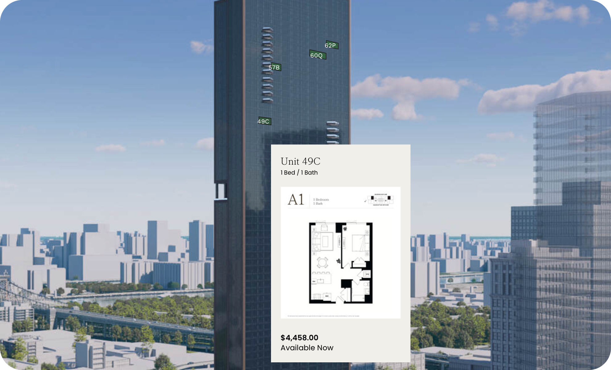 Information overlay on a cityscape showing a tall skyscraper with windows marked with green labels and a floor plan and details for Unit 49C, a one-bedroom, one-bath apartment priced at $4,458.00, with availability status.