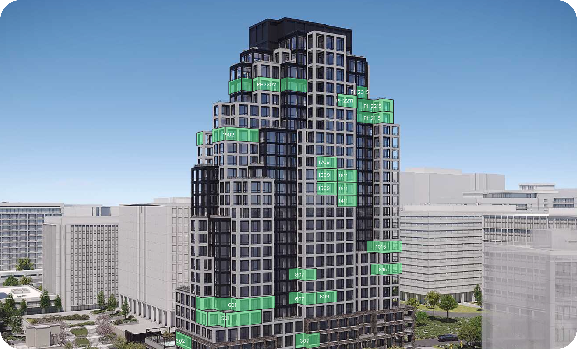 High-rise residential building with floor labels highlighted in green, set in an urban area with other buildings and trees around.